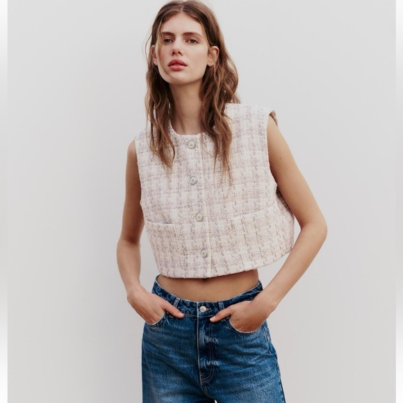 Zara Textured Cropped Vest Round neck Top Front pockets Ecru Beige size L NWT - Picture 6 of 16